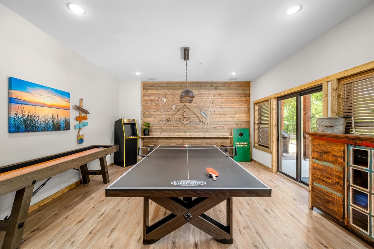 Ping pong, shuffleboard, arcade game, and cornhole.